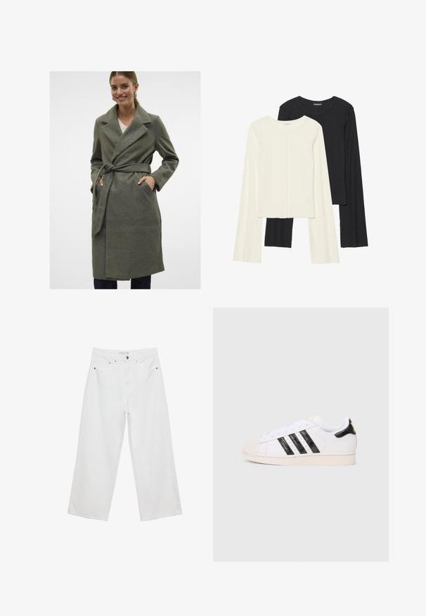 Grå ullwrap-kappa med nålad krage, knytbälte och framfickor. Slät textur, knälång design och rak skärning.; Set med två långärmade toppar i vitt och svart. Ribbade texturer, rund hals, figurnära design med något utställda ärmar.; Vita vida jeans i denim med hög midja, med fem fickor och metalldetaljer. Slät textur, inga synliga mönster.; Vit sneaker med svarta texturerade ränder och detaljer; har en gummitåspets, platta skosnören och vaddering runt ankeln.