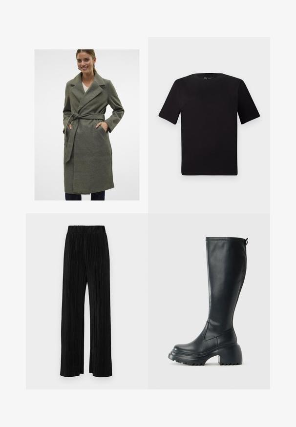 Hallhalli šedá villane mantel, millel on lõhiku kaelus, sidev vöö ja eesmine taskud. Sile tekstuur, põlvepikkune disain ja otse lõige.; Must olema lühikeste varrukatega must t-särk ümmarguse kaelusega, valmistatud pehmest puuvillast kangast. Lihtne disain, ilma nähtavate logode või mustriteta.; Mustad pleekitud püksid elastse vöökohtaga. Omavad laiad jalad ja sujuvat, tekstureeritud kangast vertikaalsete triipudega.; Kõrge must nahksaapad, millel on massiivne platvormi tald ja blokk-kand, varustatud tõmbenööriga ja tekstuuriga väljatõmbejääk.