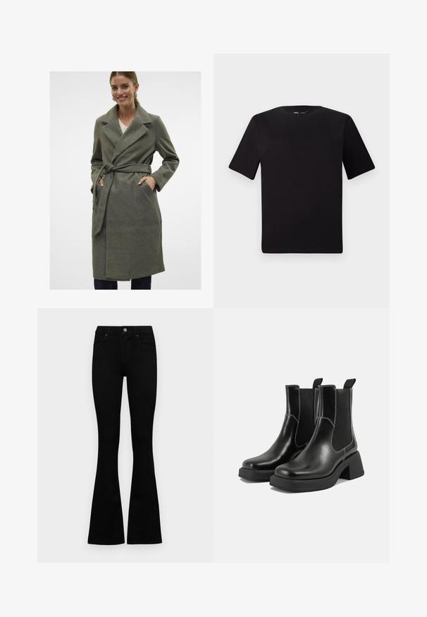 Grå ull omslagsfrakk med notis krage, belte med knytning og frontlommer. Glatt tekstur, knelange design og rett snitt.; Svart t-skjorte med korte ermer og rund hals, laget av mykt bomullsstoff. Enkelt design, ingen synlige logoer eller mønstre.; Sorte høytlivsjeans med knapp og glidelås, frontlommer og utsvingte bein liggende flatt på en hvit bakgrunn.; Sorte lær Chelsea støvler med en kraftig hæl, elastiske sidepaneler og kontrasterende hvid syning. Teksturert overflate.
