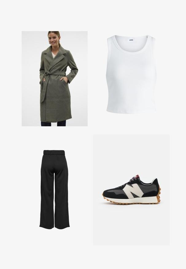Casaco envolvente de lã cinza com colarinho em bico, cinto de laço e bolsos frontais. Textura suave, design até ao joelho e corte reto.; Top curto branco com nervuras, apresentando um decote redondo, design sem mangas e um comprimento cropped. Rótulo lê "JJXX." Textura de tecido suave.; Calças largas e pretas com uma cinta elástica, feitas de um tecido suave. Apresentam um design limpo, sem bolsos ou detalhes de costura visíveis.; Sneaker em camurça preta e cinza com um grande logótipo "N" creme, cordões roxos e uma sola de borracha texturizada em cor de goma.