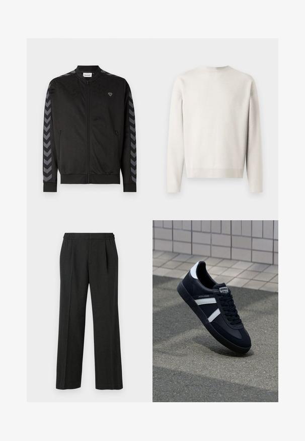 Schwarze Sportjacke mit durchgehendem Reißverschluss, strukturiertem Muster, gerippten Bündchen und kontrastierenden grauen Chevronstreifen an den Ärmeln.; Hellgrauer Strickpullover mit langen Ärmeln, Rundhalsausschnitt und gerippten Bündchen. Eine weiche Textur, lockere Passform und keine sichtbaren Muster.; Schwarze weit geschnittene Hose mit elastischem Bund, gefältelter Vorderseite und glatter Textur. Keine sichtbaren Muster oder Hardwaredetails.; Schwarze Leder-Sneaker mit weißen Streifen, strukturiertem Gummisohle und Schnürung. Verfügt über ein Markenetikett auf der Zunge.
