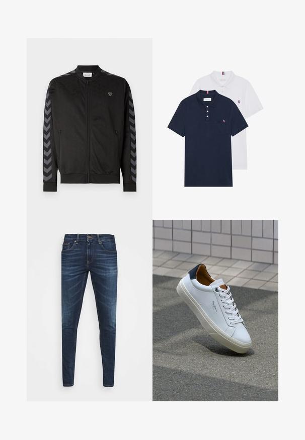 Crna atletska jakna s patentnim zatvaračem sprijeda, uzorkastom teksturom, rebrastim manžetama i kontrastnim sivim čevron prugama na rukavima.; Dva polo majice: jedna tamnoplava i jedna bijela, obje s malim crveno-bijelim-plavim naglaskom na džepu i ovratniku.; Tamno plave traperice uskog kroja, s blagim izbljeđivanjem, pet džepova i metalnim zatvaranjem na dugme. Šivani detalji u kontrastnoj boji.; Bijela kožna tenisica s mornarskom petom, okruglim vrhom i kontrastnim smešnim akcentima. Sadrži ravne vezice i teksturiranu gumenu potplat.