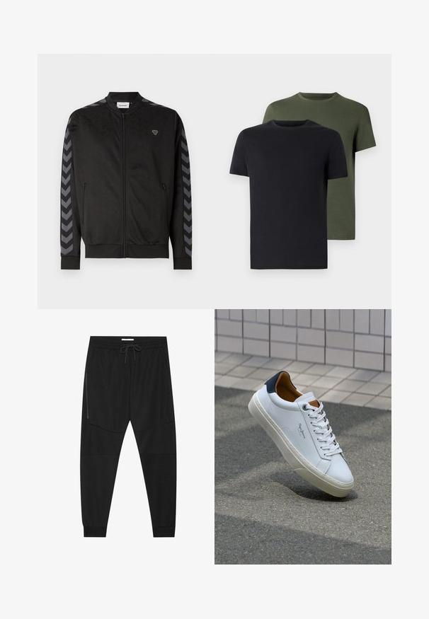 Fekete sportos dzseki cipzárral az elülső részen, mintás textúrával, bordázott mandzsettákkal és kontrasztos szürke cseppmintás csíkokkal a ujjakon.; Két crew neck póló fekete és olíva zöld színben, puha pamut anyagból. A design egyszerű, rövid ujjú és egyenes szabású.; Fekete sportnadrág texturált anyagból, állítható derékkal, cipzáras oldalzsebbel és szűkített szegéllyel.; Fehér bőr sneaker sötétkék sarkúval, kerek orral és kontrasztos barna részletekkel. Lapított fűzőkkel és textúrált gumitalppal rendelkezik.