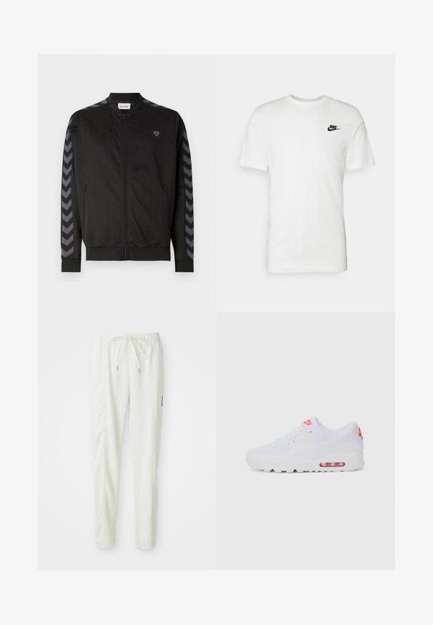 Schwarze Sportjacke mit durchgehendem Reißverschluss, strukturiertem Muster, gerippten Bündchen und kontrastierenden grauen Chevronstreifen an den Ärmeln.; Weißes Baumwoll-T-Shirt mit kurzen Ärmeln, rundem Halsausschnitt und einem schwarzen Nike-Logo auf der linken Brust. Glatte Textur und klassische Passform.; Weiße, körpernahe Jogginghose mit elastischem Bund und Kordelzug, ausgestattet mit seitlichen Nähten und einem kleinen schwarzen Patch am rechten Bein.; Weiße Sportsneaker mit einem glatten Obermaterial, Schnürverschluss, gepolsterter Sohle und einem sichtbaren Luftpolster mit roten Akzenten im Branding.