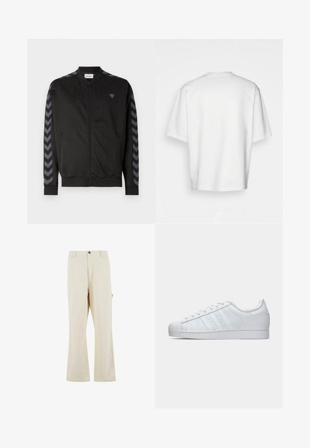 Černá sportovní bunda s předním zipem, vzorovanou texturou, žebrovanými manžetami a kontrastními šedými chevronovými pruhy na rukávech.; Bílý krátký rukáv tričko, volný střih, kulatý výstřih, hladká bavlněná tkanina, nezdobený zadní díl, rovný lem, žádné vzory ani akcenty.; Beige kalhoty širokého střihu vyrobené z bavlněné směsové tkaniny s knoflíkovým zapínáním. Obsahují boční kapsy a jemnou texturu. Viditelné švy.; Bílé kožené tenisky s texturovanou gumovou špičkou, třemi postranními pruhy a polstrovaným límcem. Ploché bílé tkaničky a minimalistický design.