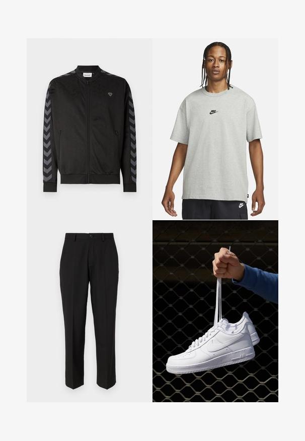Melnā sporta jaka ar rāvējslēdzēju priekšā, ar rakstainu tekstūru, ribotām aprocēm un kontrastējošām pelēkām ķivē, kas rotā piedurknes.; Jaunietis ar pītām matēm, kas valkā gaiši pelēku Nike T-kreklu un melnas Nike šortus uz vienkārša balta fona.; Melnas bikses, kas izgatavotas no gludas auduma, ar taisnu kāju dizainu, priekšējām kabatām, vienas pogas aizdari un bez redzamām rakstām.; Baltas ādas sporta apavi ar perforācijām, apaļu purngali, plakanu zoli un biezām šņorēm, ar redzamu swoosh logo un vārdu "AIR" uz papēža.