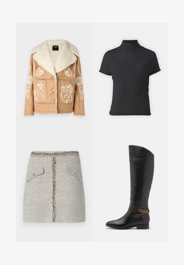 Giacca in faux suede color tan con colletto in shearling, caratterizzata da ricami floreali bianchi, bottoni doppi e tasche frontali.; Top nero a maniche corte e colletto alto, realizzato in tessuto leggero con una superficie liscia e dalla forma aderente, caratterizzato da un collo alto.; Gonna in tweed intrecciato con un motivo a spina di pesce bianco e nero, dotata di due tasche frontali e una zip dorata sul retro con bordi sfrangiati.; Alti stivali in pelle nera dal design elegante, punta affusolata e dettagli in catena dorata alla caviglia. Tacco a blocco basso. Texture liscia.