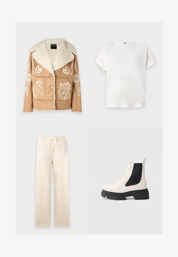 Taná umelá semišová bunda so strihaným golierom, ktorá má biele kvetinové vyšívanie, dvojradové gombíky a predné vrecká.; Biela krátka rukávová tričko s okrúhlym výstrihom a zvinutými manžetami, vyrobené z mäkkej látky, s jemným logom umiestneným pri leme.; Krémové teplákové nohavice vyrobené z mäkkej tkaniny, s elastickým pásom so sťahovacou šnúrkou, širokými nohavicami a bez viditeľných vzorov.; Krémová kožená Chelsea obuv s robustnou čiernou podrážkou a elastickým čiernym bočným panelom na hladkom bielom pozadí.
