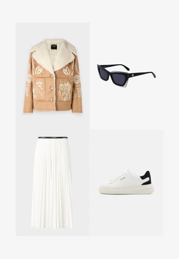 Šviesiai rudos dirbtinės suknelės su žiemine apykakle, dekoruota baltomis gėlių siuvinėjimais, turinti dvigubus mygtukus ir priekines kišenes.; Baltos medvilninės marškinėliai su horizontaliomis tamsiai mėlynomis juostelėmis. Ant krūtinės išsiuvinėtas „Tommy Hilfiger“ rašmuo. Apvalus iškirpimas.; Pleated balta sijonas su juodu elastiniu juosmeniu, ant kurio yra "LACOSTE" logotipas. Vidutinio ilgio dizainas su švelnia tekstūra.; Baltos odinės sportbačiai su storu baltu padu, juodu nubuko kulno akcentu ir iškilmingu logotipu šone. Su raišteliais, turinčiais šešis akinius.; Juodos didelės saulės akinių su geometrine forma, turinčiais tamsius objektyvus ir kontrastingą pilką detalę ant rėmelio. Logotipas ant šalon.