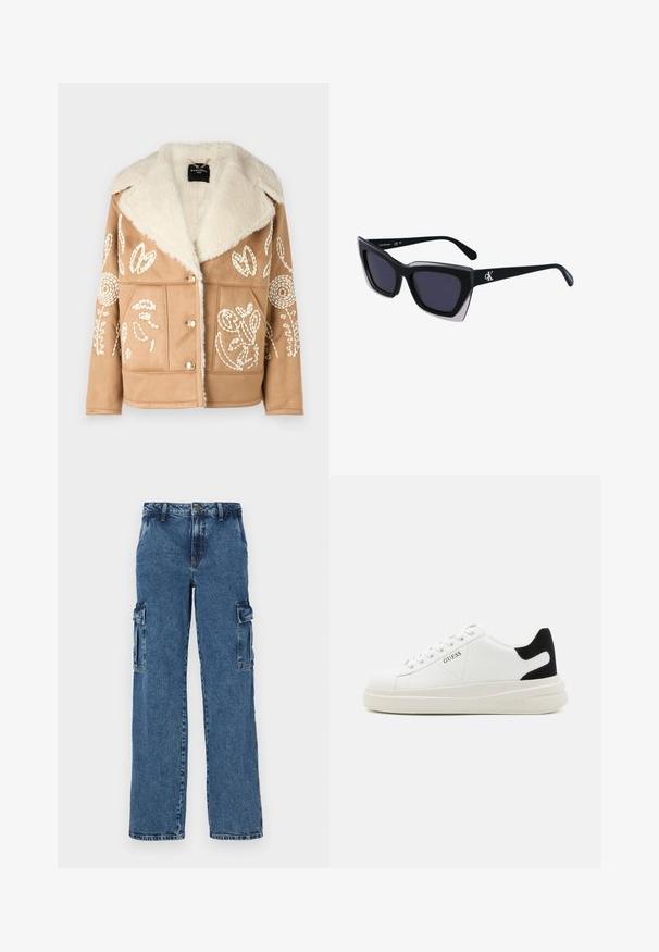 Veste en suédine tan avec col en fourrure, ornée de broderies florales blanches, de boutons à double boutonnage et de poches avant.; T-shirt en coton avec des rayures horizontales bleu marine sur un fond blanc. "Tommy Hilfiger" brodé en écriture cursive sur la poitrine. Encolure ras du cou.; Pantalons cargo en denim bleu avec une coupe décontractée, dotés de deux poches latérales, de coutures renforcées et d'une coupe droite.; Baskets en cuir blanc avec une épaisse semelle blanche, un accent en daim noir au niveau du talon et un logo embossé sur le côté. Design à lacets avec six œillets.; Lunettes de soleil noires surdimensionnées avec une forme géométrique, dotées de verres foncés et d'un détail gris contrastant sur la monture. Logo sur la branche.