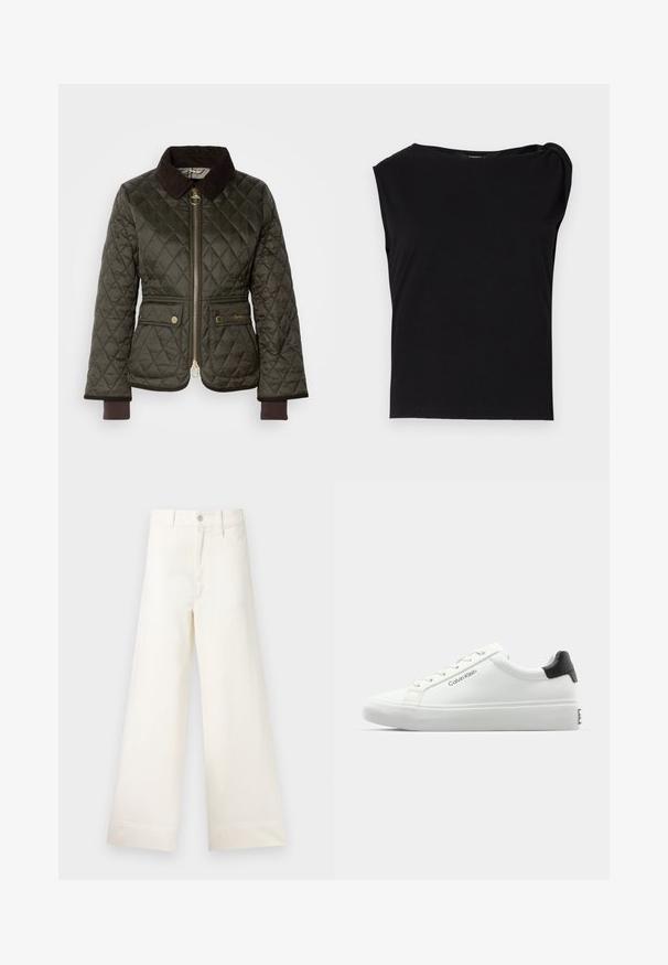 Ciemnozielona pikowana kurtka z brązowym kołnierzem z kordurowej tkaniny, przedni zamek błyskawiczny, dwie kieszenie i ściągacze na mankietach. Złote akcenty sprzętowe na kieszeniach.; Czarny top z krótkim rękawem wykonany z gładkiego materiału. Ma okrągły dekolt i drapowane detale na ramieniu. Prosty, dopasowany krój.; Szerokie spodnie w jasnym beżowym kolorze wykonane z bawełny. Charakteryzują się wysokim stanem, kieszeniami z przodu oraz prostym krojem. Czyste wykończenie brzegów bez wzorów.; Białe sneakersy o gładkim wykończeniu, z czarnym akcentem na pięcie i sznurowanym zapięciem. Posiadają branding "Calvin Klein" po bokach. Styl minimalistyczny.