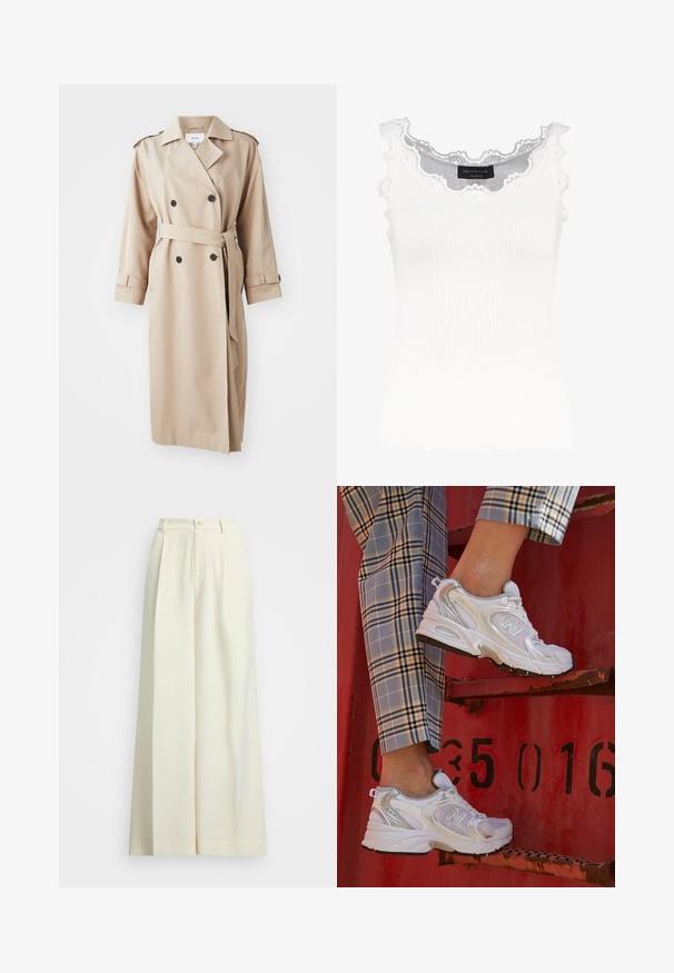 Trench coat bege com frente de duplo peito, botões pretos, cinto na cintura e epaulettes nos ombros; feito de tecido suave com um corte descontraído.; Camisola branca de alças com detalhe de renda na gola e nas mangas. Apresenta uma textura suave e um formato ajustado. Etiqueta da marca visível no interior.; Calças de perna larga em tecido bege claro, com cintura alta, pregas duplas e fecho de botão. Textura suave e design ajustado.; Sapatilhas brancas em malha com detalhes em prata e uma sola texturizada, posicionadas sobre uma superfície vermelha, combinadas com calças à quadrados.