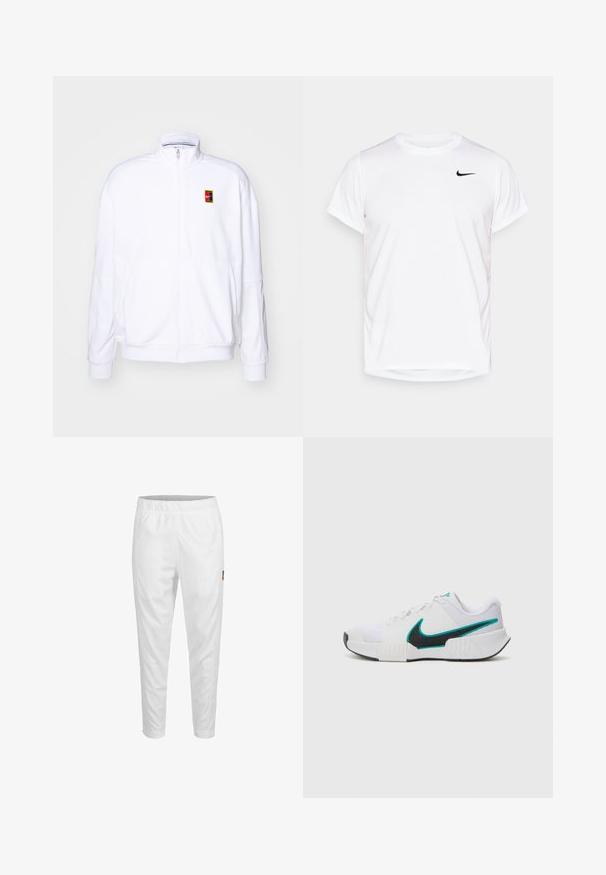 Hvit zip-up hettegenser laget av mykt stoff, med høy hals og en liten multicolor Nike-logo på venstre bryst.; Hvit T-skjorte med kort erm fra Nike laget av glatt syntetisk materiale, med en svart logo på venstre side av brystet.; Hvite treningsbukser med elastisk liv, innsnevrede ben og en liten logodetalj på siden. Glatt og lett stoff.; Hvit atletisk sko med teksturert mesh-overdel, svart gummisåle og teal Nike swoosh-detalj. Har snøring og polstret krage.