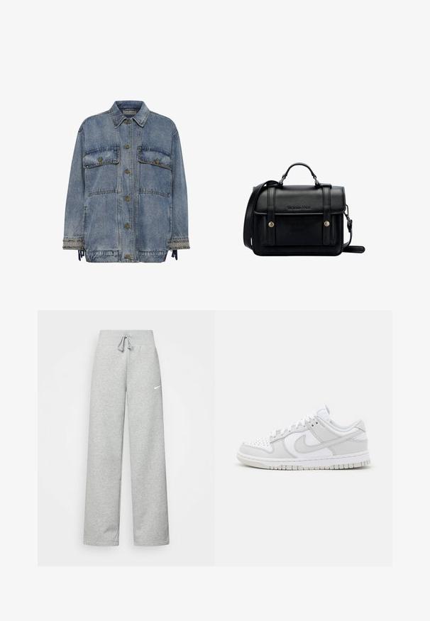 Svijetloplava traper jakna s dva džepa na prsima, brončanim gumbima i ukrasima od čavala na rukavima i rubovima. Ima opušteni kroj.; Bjela pamučna majica s klasičnim okruglim izrezom, kratkim rukavima i prilagođenim oblikom. Nema vidljivih uzoraka ili akcenta.; Sive trenirke s elastičnim pojasom, detaljem za vezanje, i malim bijelim Nike logom na lijevom bedru. Mekana tkanina, širokog kroja.; Bijele kožne tenisice s sivozlatnim naglascima, perforiranim prstom, ravnim vezicama, udobnim ovratnikom i teksturiranom gumena potplatom.; Crna kožna torba preko tijela sa strukturiranim dizajnom, gornjom ručkom, podesivim remenom, prednjim poklopcem i metalnim detaljima. Sadrži brendiranje sprijeda.