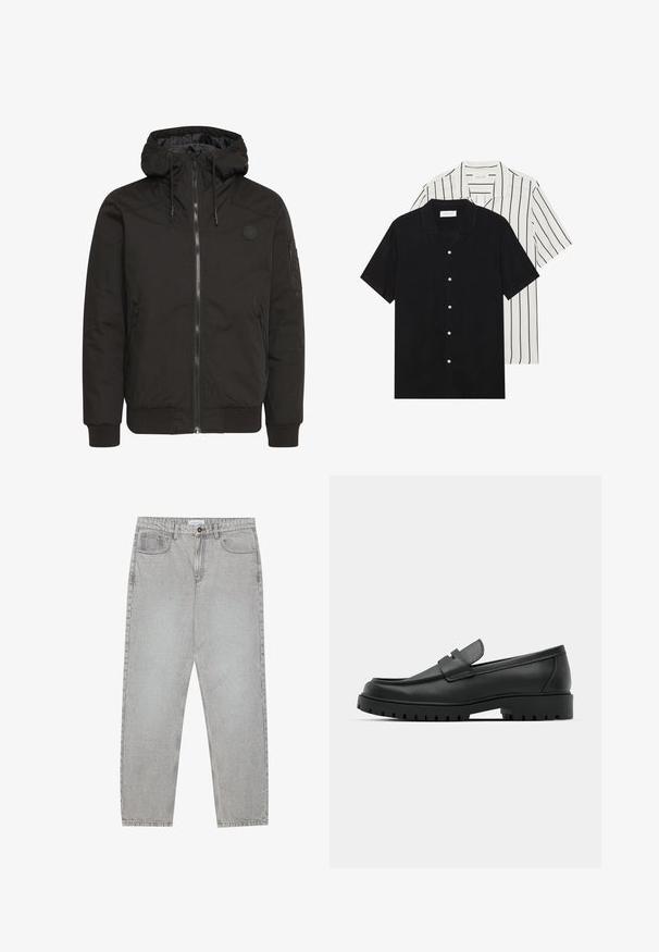 Zwarte jack met een ritssluiting aan de voorkant, verstelbare capuchon, geribbelde manchetten en een patchlogo. Gemaakt van een gladde, duurzame stof met een minimalistisch ontwerp.; Twee shirts met korte mouwen: één effen zwart, één wit met zwarte verticale strepen. Beide hebben knoopsluitingen en een klassieke kraag.; Lichtgrijze denimbroek met een recht model, vijfzakkenstijl en een knoopsluiting. Zichtbare stiksels langs de naden.; Zwarte leren instappers met een ronde neus, voorzien van een gestikt ontwerp, een lage platformzool en een gestructureerde, grof rubberen buitenzool.