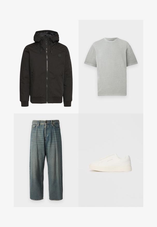 Mustjas jakk, millel on luku ees, reguleeritav kapuuts, soonikkoes mansetid ja plaastrilogoga. Valmistatud siledast ja vastupidavast kangast, millel on minimalistlik disain.; Helehall t-särk lühikeste varrukatega ja ümarate kaelustega, esitatud ühel lamedal valgel taustal.; Heledad sinine denim-stiilis teksad, volüümse lõike, keskmise kõrgusega talje ja sirgete säärega. Omab viit taskut, vöökumme ja nööpide sulgemist.; Valged libisemiskindlad tossud tekstuuriga pinnaga, paksu tallaga ja minimalistikus disainis. Küljel on brändi logo.