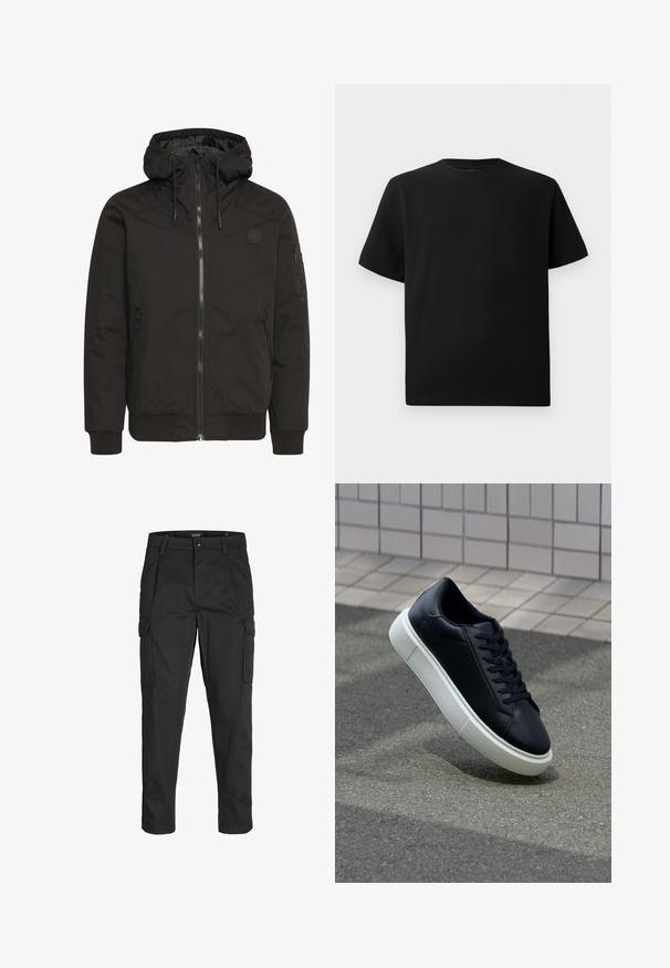 Crna jakna s patentnim zatvaračem, podesivom kapuljačom, rebrastim manžetama i logom na zakrpi. Izrađena od glatkog, izdržljivog materijala s minimalističkim dizajnom.; Crna majica kratkih rukava od teksturiranog materijala, s okruglim izrezom i opuštenim krojem. Jednostavna, bez uzoraka ili naglasaka.; Crne cargo hlače izrađene od čvrstog materijala, s brojnim džepovima, kopčanjem na gumb i dizajnom koji pomaže da se prilagode tijelu sa suženim nogavicama.; Crne kožne tenisice s zaobljenim vrhom i bijelim gumiranim potplatom. Imaju ravne vezice i minimalno šivanje na gornjem dijelu. Teksturirani potplat za bolje prianjanje.