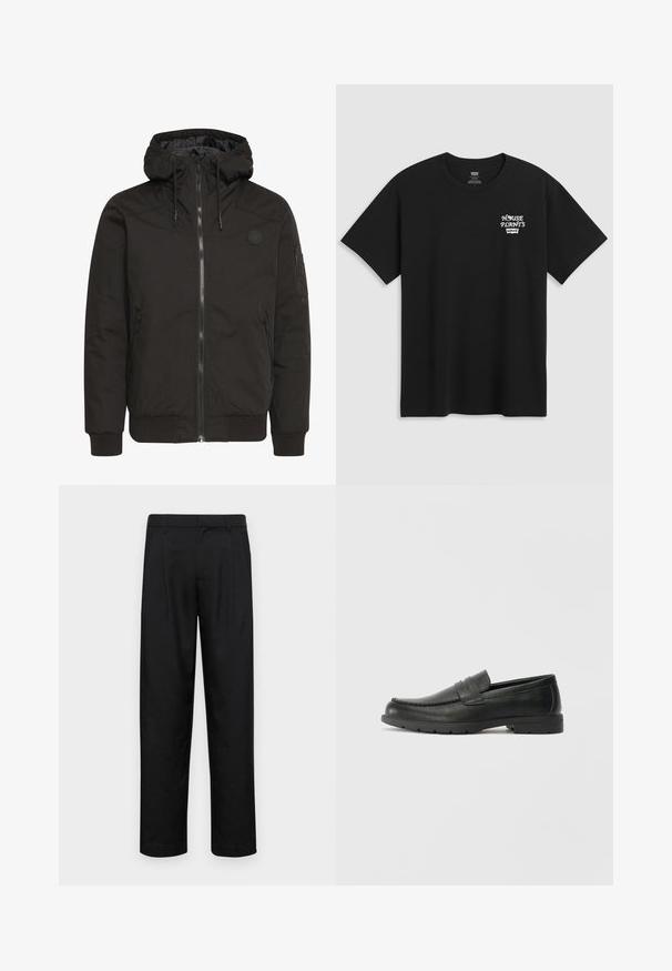 Black jacket with a zip front, adjustable hood, ribbed cuffs, and a patch logo. Made from a smooth, durable fabric with a minimalist design.; Black cotton t-shirt featuring a chest print that reads "HOUSE PLANTS" in white stylized font with "Levi's" below. Classic crew neckline.; Black trousers made of smooth fabric, featuring a straight-leg design, two front pleats, and standard waistband with belt loops.; Black leather loafers with a smooth finish, moccasin-style upper, stitched detailing, and a rubber sole. Classic design with a low heel.