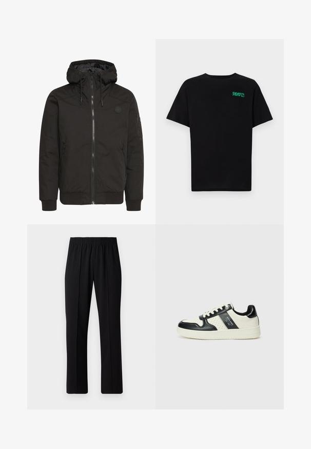 Jachetă neagră cu fermoar frontal, glugă ajustabilă, manșete riglate și logo cu patch. Confecționată dintr-un material neted și durabil cu un design minimalist.; Tricou negru din bumbac, cu mâneci scurte. Prezintă un logo verde "ROOTS" pe față, guler rotund și o potrivire standard.; Pantaloni negri cu talie elastică, cu un design cu picioare drepte, având o textură netedă și fără modele sau accesorii vizibile.; Tenisi din piele cu un scheme de culori negru și crem, dotati cu accente perforate, guler căptușit și o talpă texturată.