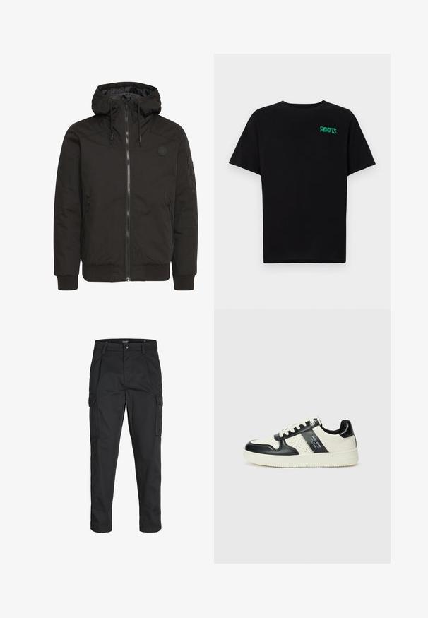 Black jacket with a zip front, adjustable hood, ribbed cuffs, and a patch logo. Made from a smooth, durable fabric with a minimalist design.; Black t-shirt made of cotton with short sleeves. Features a green "ROOTS" logo on the front, round neckline, and standard fit.; Black cargo pants made of sturdy fabric, featuring multiple pockets, a button closure, and a slim fit design with tapered legs.; Leather sneakers with a black and cream color scheme, featuring perforated accents, a padded collar, and a textured outsole.