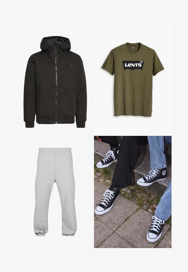 Zwarte jack met een ritssluiting aan de voorkant, verstelbare capuchon, geribbelde manchetten en een patchlogo. Gemaakt van een gladde, duurzame stof met een minimalistisch ontwerp.; Olijfgroen katoenen T-shirt met een groot zwart Levi's-logo in een contrasterende semi-gebogen vorm over de borst. Regular fit.; Grijze joggingsbroek van een katoenmix, met een elastische tailleband, taps toelopende pijpen en verdfste naden. Eenvoudig ontwerp zonder patronen.; Zwarte canvas sneakers met hoge schacht, witte rubberen zolen en veters, met een cirkelvormig logo aan de zijkant, gecombineerd met denim en zwarte broeken.