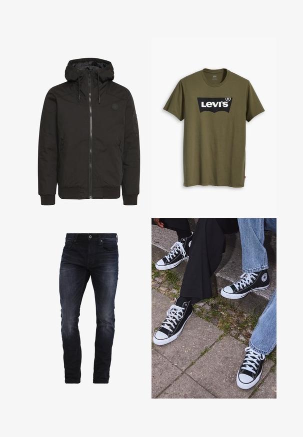 Čierna bunda so zipsom vpredu, nastaviteľnou kapucňou, žebrovanými manžetami a nášivkou loga. Vyrobená z hladkej, odolnej tkaniny s minimalistickým dizajnom.; Olívovo zelené bavlnené tričko s veľkým čiernym logom Levi's v kontrastnom polkruhovom tvare cez hrudník. Regular fit.; Tmavomodré úzke džínsy so slabým vyblednutím na stehnách a kolenách, s prednými vreckami, pútkami na opasok a zapínaním na gombík.; Čierne vysoké plátenné tenisky s bielymi gumovými podrážkami a šnúrkami, s okrúhlym logom na boku, skombinované s džínsami a čiernymi nohavicami.