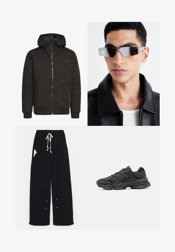 Svart jacka med dragkedja fram, justerbar huva, ribbade ärmslut och en patch-logotyp. Tillverkad av ett slätt, hållbart material med en minimalistisk design.; Svart kortärmad T-shirt i bomull med rund halsringning och avslappnad passform. Slät textur med minimala sömnadsdetaljer.; Svarta vida byxor gjorda av mjukt tyg med dragsko i midjan, sidofickor och en triangulär accentficka. Detaljer i silverfärg ingår.; Svart löparsko med en kombination av mesh och syntetiska material, kraftig sula, rundad design och framträdande varumärkning på sidan.; Vinklade gråtonade solglasögon med silverdetaljer, på en ljus bakgrund. Linserna har en unik geometrisk form.