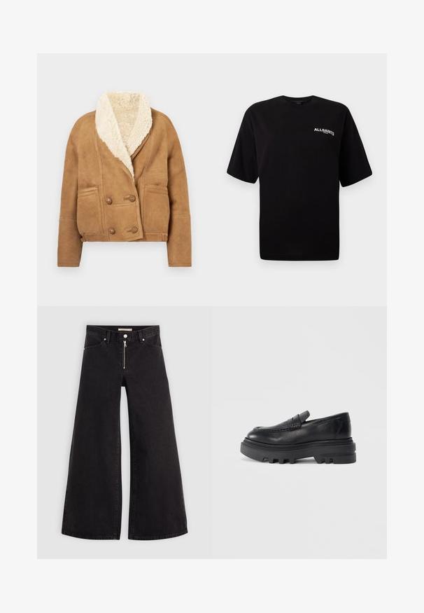 Rjava zamšena jakna z velikim kremastim ovratnikom iz umetnega ovčjega krzna, dvorednim gumbom in dvema sprednjima žepoma.; Črna bombažna majica s krojnim ovratnikom, kratkimi rokavi in majhnim belim logotipom "ALLSAINTS" na levi strani prsnega koša. Gladka tekstura, sproščen kroj.; Široke traperice iz črnega denima z zadrgo spredaj, petimi žepi in diskretnimi šivi. Gladka tekstura in ležeren slog.; Črne usnjene loafer čevlje z debelim črnim podplatom in teksturiranim detajlom na traku. Gladka površina in zaobljena oblika poudarjata sodoben dizajn.