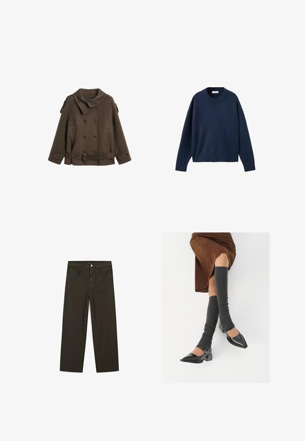 Brązowy wełniany płaszcz typu peacoat z dużym kołnierzem, podwójnym zapięciem na guziki, bocznymi kieszeniami oraz detalem w postaci paska w talii.; Granatowy sweter z dzianiny z okrągłym dekoltem, długimi rękawami oraz ściągaczami u mankietów i na dole. Miękka tekstura, luźny krój, minimalistyczny design.; Ciemnozielone spodnie dżinsowe typu wide-leg wykonane z mieszanki bawełny, z zamkiem na guzik z przodu, pięcioma kieszeniami i klasycznym przeszyciem dżinsowym.; Czarne lakierowane buty na szpilce z prostokątnym obcasem i paskiem na kostce, zestawione z szarymi prążkowanymi ocieplaczami na nogi oraz brązową zamszową spódnicą.