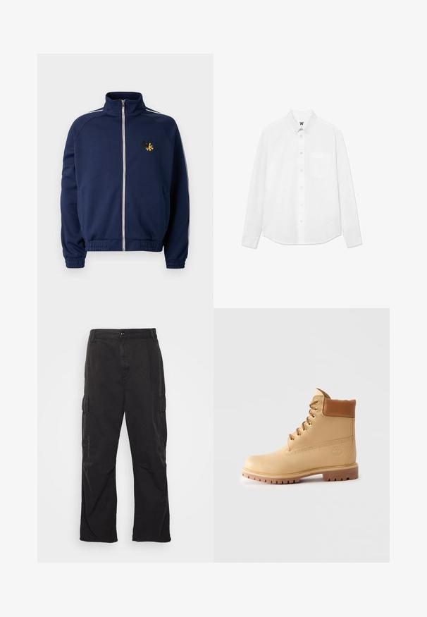 Casaco desportivo azul-escuro com colarinho alto, fecho éclair completo, riscas brancas nas laterais e um logótipo bordado em amarelo e preto no peito.; Camisa branca de manga longa com botão, colarinho, bolso frontal e uma textura sutil. A pala frontal apresenta botões e um pequeno detalhe de logótipo.; Calças cargo pretas com um design de perna reta, apresentando dois bolsos laterais, um fecho de botão e um tecido texturizado.; Bota de tornozelo em couro castanho-claro com colarinho acolchoado, ilhós dourados, atacadores bege e sola grossa com ranhuras sobre fundo claro.