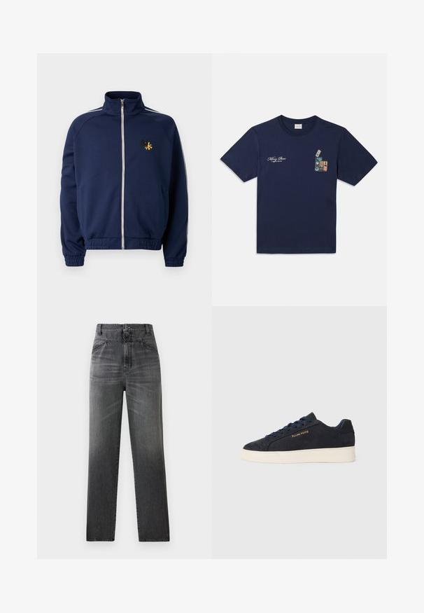 Mornarska sportska jakna s visokim ovratnikom, punim zatvaračem, bijelim bočnim trakama i izvezenim logotipom u žutoj i crnoj boji na prsima.; Tamno plava pamukasta majica kratkih rukava s grafikom na kojoj su složene kazete i natpis "Killing Bees" na prsima.; Tamno sivi traperice s visokim strukom, ravnim nogavicama i izblijedjelom teksturom, s prednjim džepovima i jednim gumbom za zatvaranje.; Navy plave sačmene niske tenisice s bijelim potplatom, mornarskim vezicama i "Filling Pieces" logotipom u zlatnoj boji sa strane.