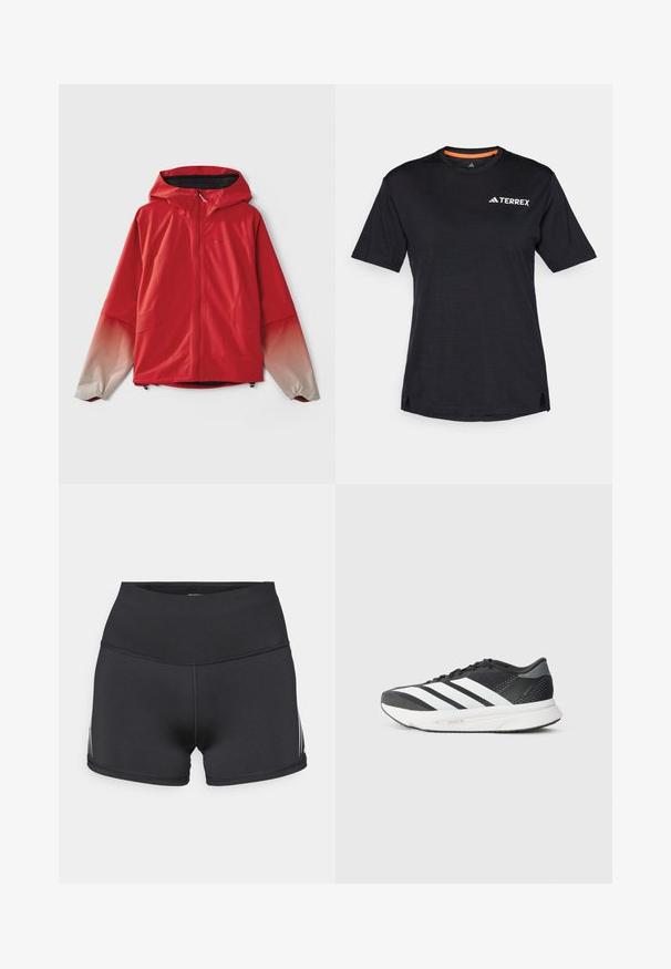 Giacca impermeabile rossa con cappuccio; presenta una chiusura con zip e maniche sfumate che passano dal rosso al grigio chiaro, con polsini elasticizzati.; T-shirt nero a maniche corte con scollo rotondo, caratterizzato da una leggera texture mélange e dal logo bianco "TERREX" sul lato superiore sinistro.; Pantaloncini sportivi neri con vita alta, realizzati in tessuto elasticizzato. Presentano strisce laterali bianche e cuciture flatlock per il massimo comfort.; Scarpa da atletica nera con strisce bianche, tomaia in rete, suola ammortizzata e design elegante. Accenti grigi sul tallone e sulla linguetta.