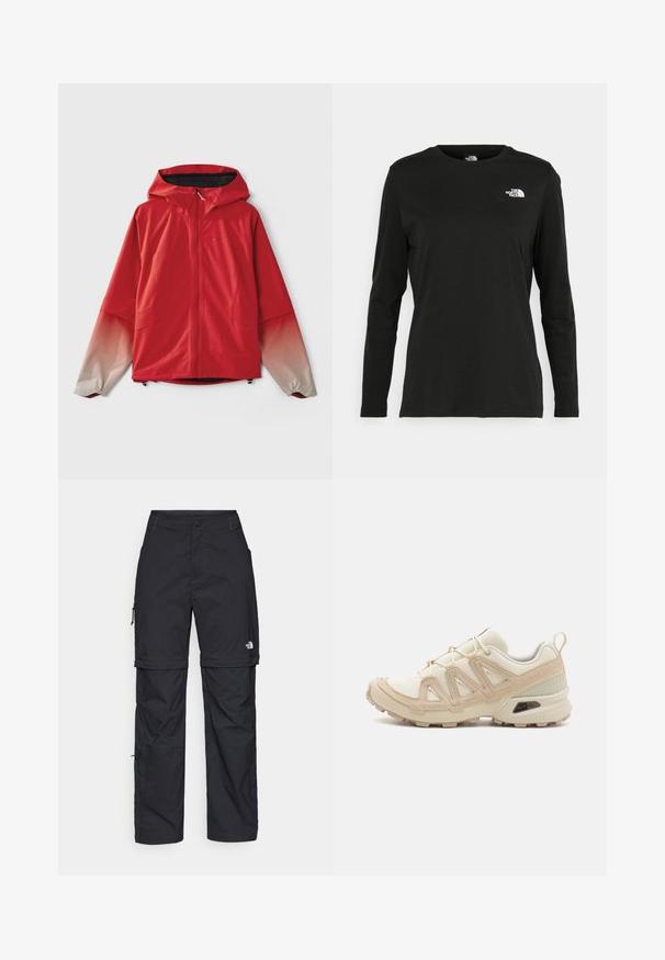 Red waterproof jacket with a hood; features a zip closure and gradient sleeves transitioning from red to light gray, with elastic cuffs.; Black long-sleeve t-shirt made of cotton with a round neck. Features a small white logo on the left chest area. Simple design and fit.; Black nylon zip-off cargo trousers with adjustable cuffs, multiple pockets, and a logo on the right leg. Smooth, lightweight texture.; Beige and cream athletic shoe with textured mesh upper, supportive overlays, and rubber outsole featuring a tread pattern for traction.