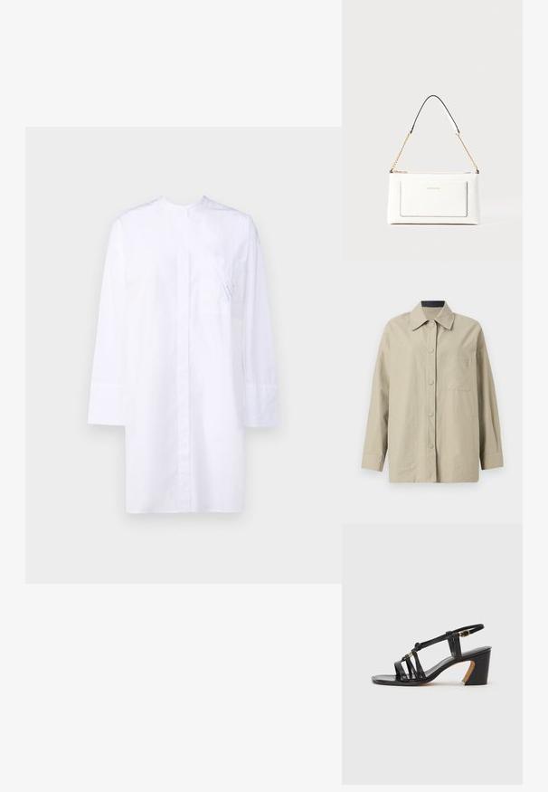Beige oversized jacket made of lightweight fabric, featuring a pointed collar, front button closure, and a chest pocket with embossed logo detail.; Valkoinen kauluspaita, jossa on pitkät hihat, etutasku, jossa on hienovarainen sininen kirjailu, ja siisti, minimalistinen muotoilu.; Paul Smith AMIRA - Avokkaat - black; Valkoinen nahkalaukku tekstuuripinnalla, jossa on kultaketjuolkaimet ja mustia yksityiskohtia. Mukana etutasku ja vetoketjusulku.