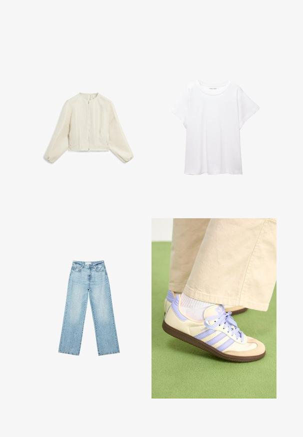 Krátký rukáv, zkrácená bunda ve světlé béžové barvě s jemnou strukturou, s předním zipem a nařasenými rukávy pro zvýraznění tvaru.; Bílý tričko vyrobené z měkké, lehké tkaniny. Má kulatý výstřih a krátké, široké rukávy s uvolněným střihem. Bez viditelných vzorů.; Světle modré džíny s širokými nohavicemi a vysokým pasem, s bledým odstínem a malými, rozptýlenými detaily opotřebení po celém povrchu.; Krémové a levandulové tenisky se třemi pruhy a texturovanou hnědou podrážkou, vybavené tkaničkami a polstrovanou patou. Měkký textilní svršek.