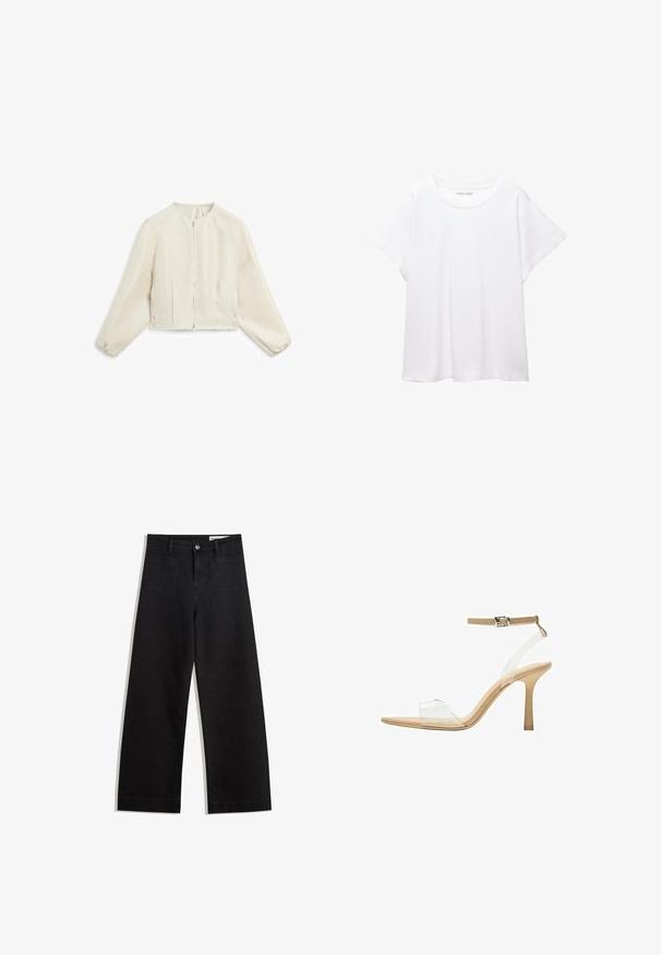 Korte mouwen, cropped jas van lichtbeige stof met een subtiele textuur, voorzien van een ritssluiting aan de voorkant en geplooide mouwen voor extra vorm.; Witte T-shirt van zacht, lichtgewicht stof. Heeft een ronde halslijn en korte, brede mouwen met een ontspannen pasvorm. Geen zichtbare patronen.; Zwarte denim broek met wijde pijpen en een hoge taille, voorzien van voor- en achterzakken, gestikte naden en een knoopsluiting. Gladde textuur.; Heldere sandaal met een doorzichtige bovenkant, beige voetbed en een slanke enkelriem. Voorzien van een spitse neus en een dunne hoge hak.