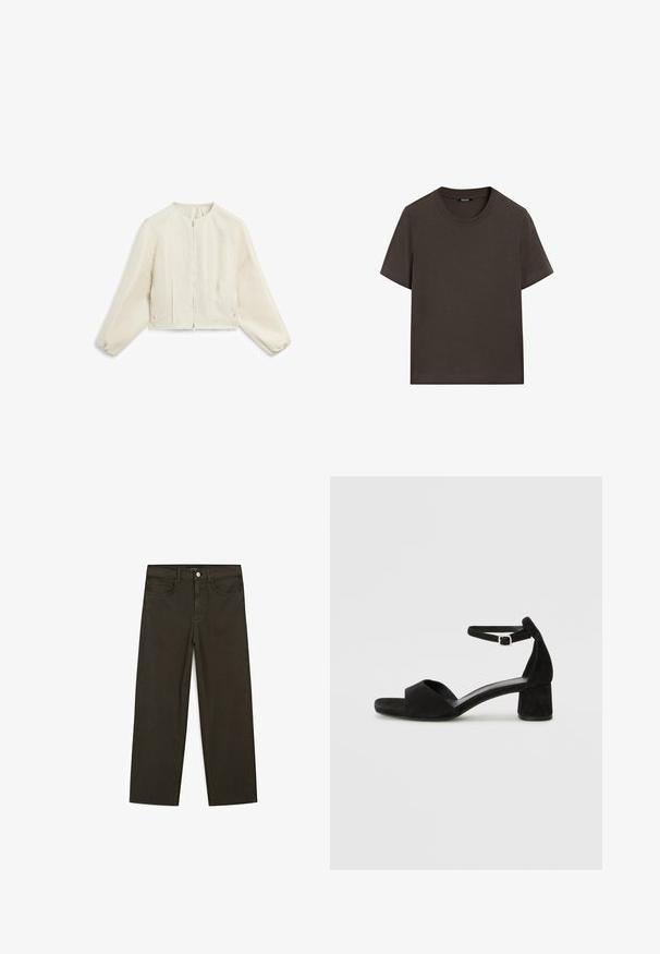 Kurze, taillierte Jacke aus leicht beigem Stoff mit subtiler Textur, ausgestattet mit einem Reißverschluss vorne und gerafften Ärmeln für zusätzliche Form.; Dunkelbraunes T-Shirt mit kurzen Ärmeln aus Baumwolle. Verfügt über einen runden Halsausschnitt und eine lockere Passform, ohne sichtbare Muster oder Akzente.; Dunkelgrüne Jeans im weit geschnittenen Style, hergestellt aus einem Baumwollgemisch. Sie verfügen über einen Frontknopfverschluss, fünf Taschen und klassische Denim-Nähte.; Schwarze Wildleder-Espadrilles mit einem dünnen Knöchelriemen, offener Zehenpartie und moderatem Blockabsatz. Glatte Textur und minimale Akzente.
