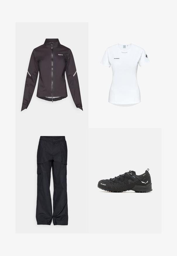 Zwarte waterdichte fietsjack met lange mouwen, hoge kraag, voorritssluiting en reflecterende accenten op de schouders. Lichtgewicht, gladde textuur.; Korte mouwen witte sportshirt met een ronde halslijn, voorzien van een logo op de borst en een gladde, lichte stoftextuur.; Columbia BREA FALLS™ COTTON RIPSTOP PANT - Outdoorbroeken - black; Zwarte wandelschoenen met een bovenkant van textuurstof, een vetersysteem en een robuuste rubberen zool. Verfraaid met reflecterende details en logo's.