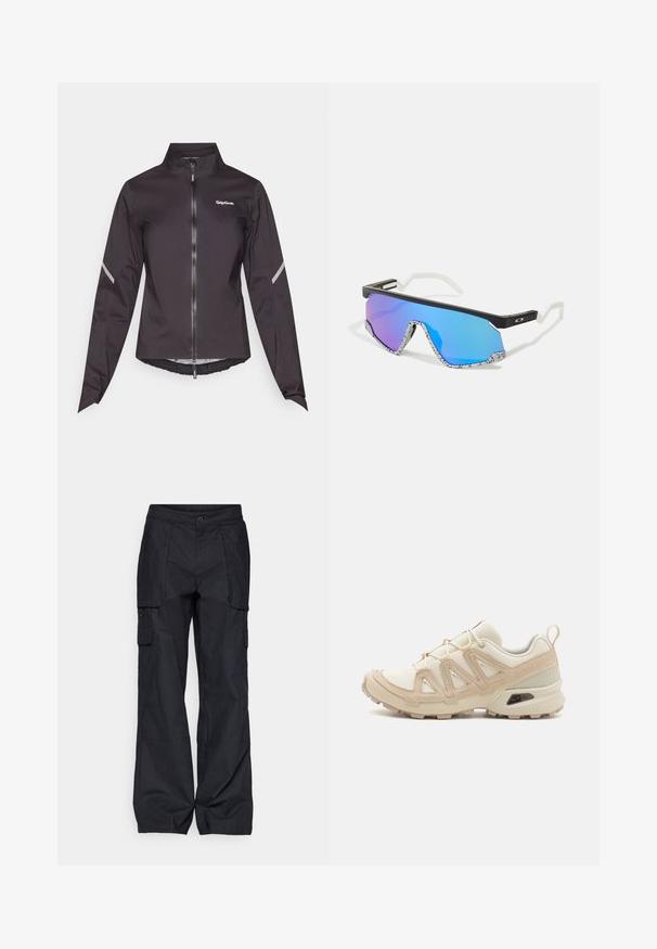 Juodas vandeniui atsparus dviratininko džemperis su ilgomis rankovėmis, aukštu kaklu, priekiniais užtrauktukais ir atspindinčiais akcentais ant pečių. Lengvas, lygus tekstūra.; Balta ilga rankovė marškiniai pagaminti iš tekstūruoto audinio, su apvalia iškirpte ir raglan rankovėmis, ant heminių yra mažas juodas logotipo žymeklis.; Columbia BREA FALLS™ COTTON RIPSTOP PANT - Lauko kelnės - black; Bežinės ir kreminės spalvos sportinės bateliai su tekstūruoto tinklelio viršutine dalimi, palaikančiomis detalėmis ir guminiais padais, turinčiais raštą, užtikrinantį sukibimą.; Sportiniai akiniai nuo saulės su juodu rėmu, baltais akcentais ir mėlynais gradientiniais veidrodiniais lęšiais. Tekstūruotos baltos ir juodos raštuotos šakės.