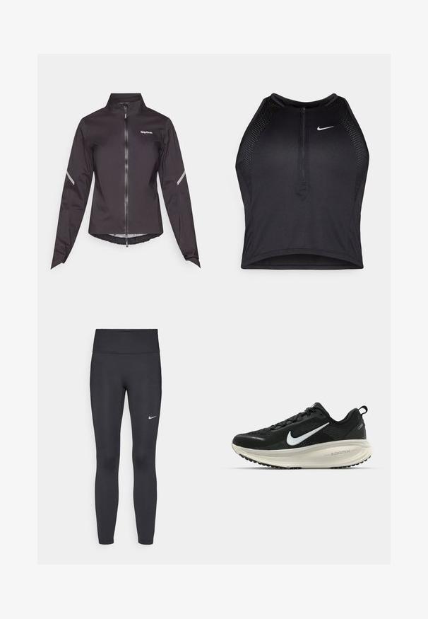 Juodas vandeniui atsparus dviratininko džemperis su ilgomis rankovėmis, aukštu kaklu, priekiniais užtrauktukais ir atspindinčiais akcentais ant pečių. Lengvas, lygus tekstūra.; Juodas sportinis trumpas viršus su užtrauktuku priekyje, tinklinėmis detalėmis ir prigludusia forma. Pagamintas iš tamprios, kvėpuojančios medžiagos. Nike logotipas priekyje.; Juodi leggingai iš elastingos medžiagos, turintys aukštą juosmenį ir baltą Nike logotipą kairėje šlaunyje. Lygus paviršius, prigludusi dizainas.; Juodas Nike sportinis batelis su kvėpuojančiu tinklu, baltu swoosh logotipu, tekstūruoto dizaino detalėmis ir grietinėlės spalvos ZoomX viduriu.