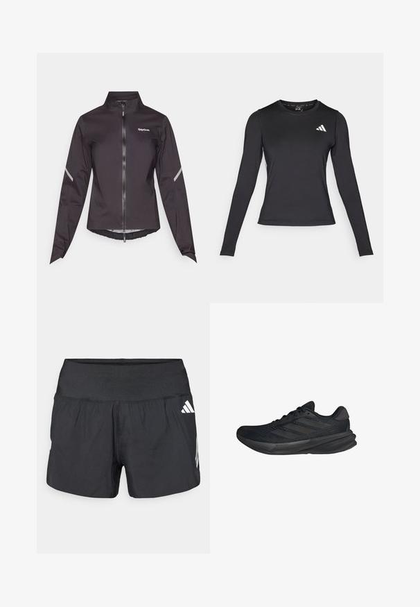 Černá voděodolná cyklistická bunda s dlouhými rukávy, vysokým límcem, předním zipem a reflexními detaily na ramenech. Lehká, hladká textura.; Černé atletické tričko s dlouhým rukávem vyrobené z hladkého, elastického materiálu. Obsahuje bílé logo na hrudi. Přiléhavý střih s kulatým výstřihem.; Černé sportovní šortky s širokým elastickým pasem, lehkou tkaninou a bílými logy na dolní straně.; Černé sportovní boty s síťovaným svrškem, aerodynamickým tvarem, plochou podrážkou a třemi šikmými pruhy na boku. Lehký design pro pohodlí.