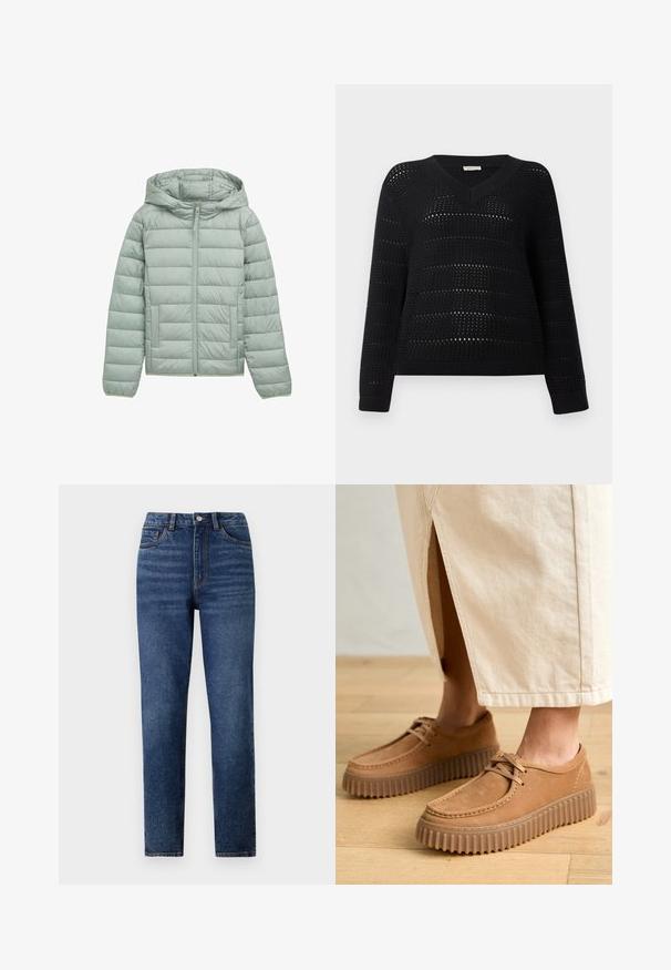 Šviesiai žalia paminkštinta striukė su gobtuvu, visiškai užtraukiama ir dviem priekinėmis kišenėmis. Yra horizontalus siuvinėjimo raštas ir elastingi rankogaliai.; TOM TAILOR DENIM V NECK - Džemperis - deep black; Aukštos juosmens mėlynos džinsinės kelnės su tiesiomis kojomis, pasižyminčios subtiliu dėvėjimu, vieno mygtuko uždarymu ir penkių kišenių dizainu.; Skiros spalvos odiniai batai su tekstūruotu paviršiumi, apvali noselė ir stori, grioveliuoti padai. Raišteliai ir siuvimo detalės papildo dizainą.