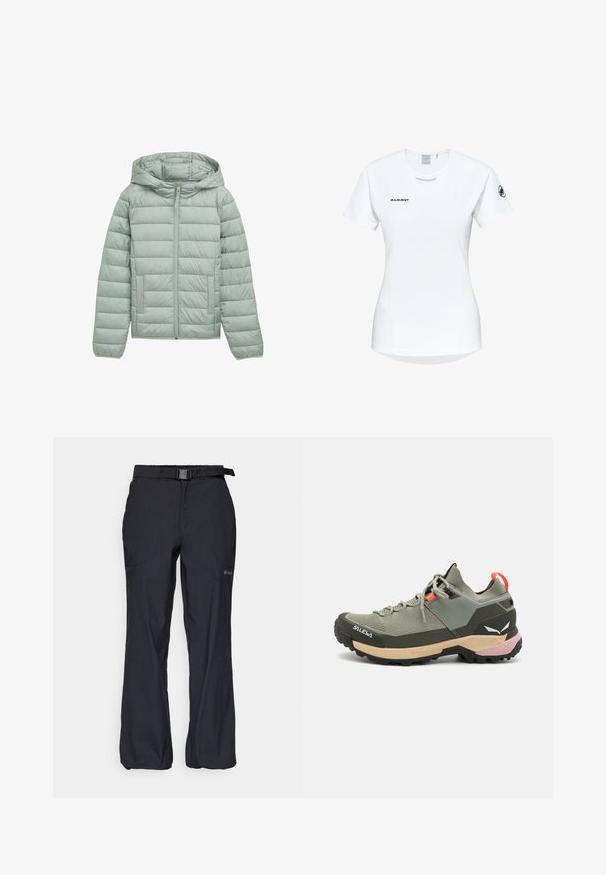 Ljusgrön vadderad jacka med huva, hel dragkedja och två framfickor. Har horisontell quiltad design och elastiska ärmslut.; Kortärmad vit träningsskjorta med rund halsringning, försedd med en logotyp på bröstet och en slät, lätt tygkvalitet.; Svarta utomhusbyxor med lättviktsmaterial, justerbart midjeband med bälte och två framfickor. Designade för komfort och funktion.; Lättviktsgrön vandringssko med mesh- och gummimaterial, svart yttersula för bra grepp, rosa och orange detaljer samt förstärkt tåhätta.