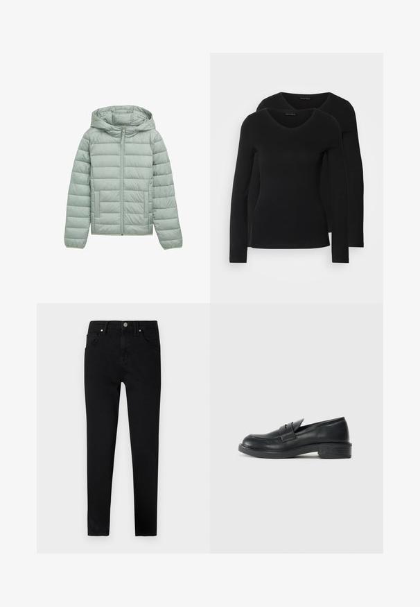 Chaqueta acolchada verde claro con capucha, cierre completo y dos bolsillos frontales. Presenta un diseño de acolchado horizontal y puños elásticos.; Dos camisetas negras de manga larga con diseño de escote en V, confeccionadas en una tela suave y elástica, que muestran una textura lisa y una forma ajustada.; Vaqueros de mezclilla negros con un corte ajustado, que cuentan con un cierre frontal de botón, trabillas para cinturón y un diseño clásico de cinco bolsillos. Textura suave.; Mocasines de cuero negro con punta redondeada, detalles de costura y un pequeño tacón. Textura suave y suela de goma flexible.