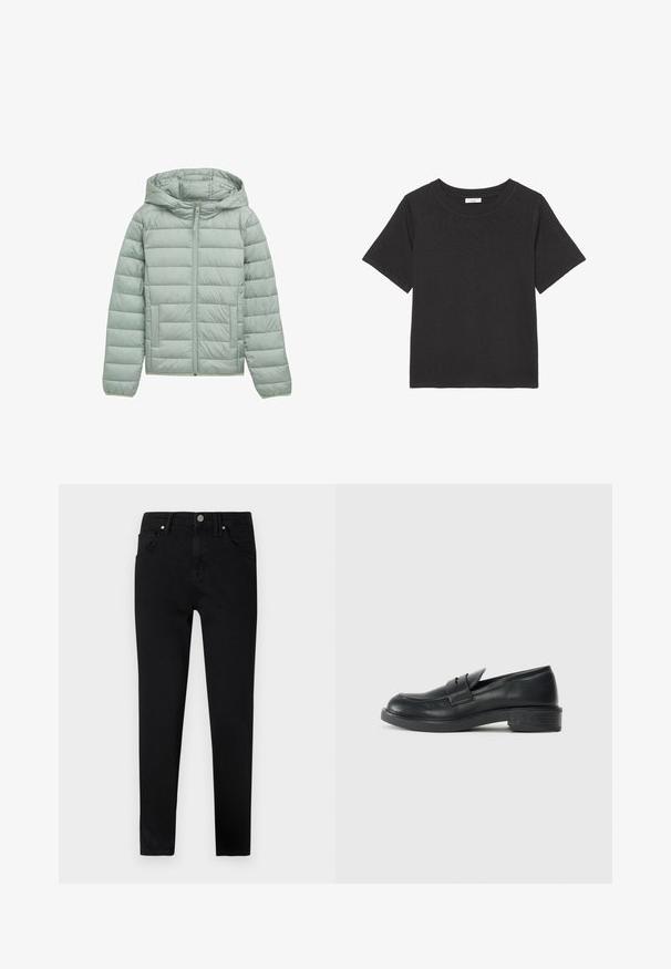 Chaqueta acolchada verde claro con capucha, cierre completo y dos bolsillos frontales. Presenta un diseño de acolchado horizontal y puños elásticos.; Camiseta negra hecha de una tela suave, con cuello redondo y mangas cortas. El diseño es simple, sin patrones ni acentos visibles.; Vaqueros de mezclilla negros con un corte ajustado, que cuentan con un cierre frontal de botón, trabillas para cinturón y un diseño clásico de cinco bolsillos. Textura suave.; Mocasines de cuero negro con punta redondeada, detalles de costura y un pequeño tacón. Textura suave y suela de goma flexible.