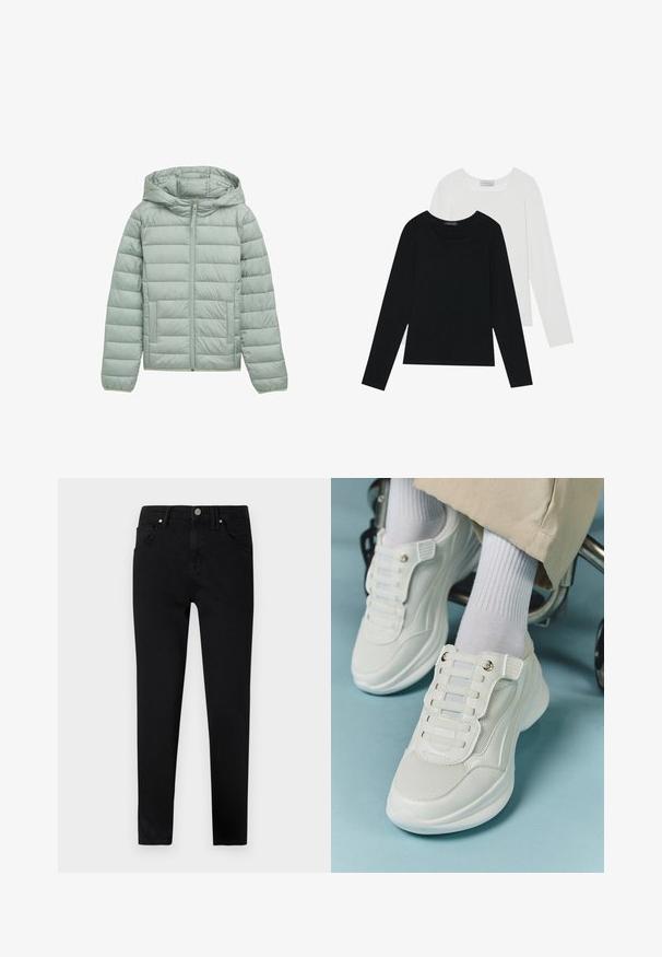 Svetlozelena jakna z podlogo in kapuco, poln zip ter dvema sprednjima žepoma. Ima horizontalno prešito zasnovo in elastične manšete.; Dva dolga rokava, en črn in en bel, oba z kvadratnim izrezom in narejena iz mehkega, raztegljivega materiala.; Črne jeans hlače z ožjim krojem, s sprednjim gumbom za zapiranje, zankami za pas in klasičnim oblikovanjem petih žepov. Gladka tekstura.; Bele teniske z mrežastim materialom, gumene podplate, brez vezalk, z elastikami in zlatimi akcenti.
