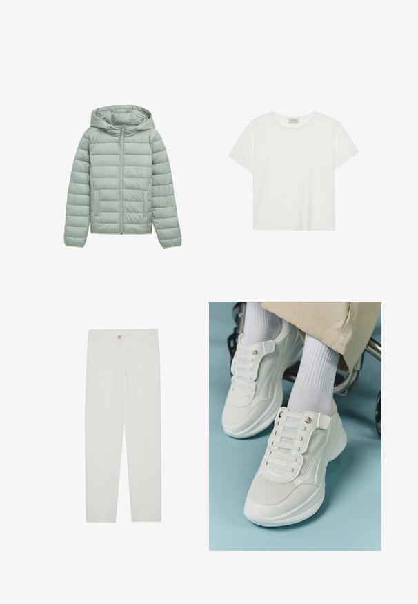 Lysegrøn polstret jakke med hætte, fuld lynlås og to frontlommer. Har vandret quiltet design og elastiske manchetter.; Hvid kortærmet T-shirt lavet af blødt bomuld. Har en rund halsudskæring og en afslappet pasform. Rent design uden synlige mønstre eller accenter.; Hvide, skrædderlavede bukser med lige ben design, udstyret med knaplukning, bæltesløjfer og sidelommer; glat stoftekstur.; Hvide sneakers med mesh-materiale, gummisål, snørebåndsfri design med elastiske bånd og guldtonede accenter.