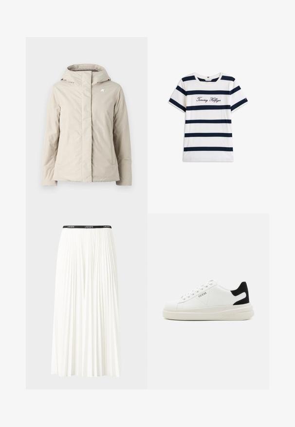 K-Way LIL SOFT TOUCH - Jas - beige; Katoenen T-shirt met horizontale marineblauwe strepen op een witte achtergrond. "Tommy Hilfiger" geborduurd in cursieve letters op de borst. Ronde hals.; Plisséminirok in het wit met een zwarte elastische tailleband met het "LACOSTE"-logo. Middellange ontwerp met een zachte textuur.; Witte leren sneakers met een dikke witte zool, zwarte suède hielaccent en een geperst logo op de zijkant. Vetersluiting met zes oogjes.