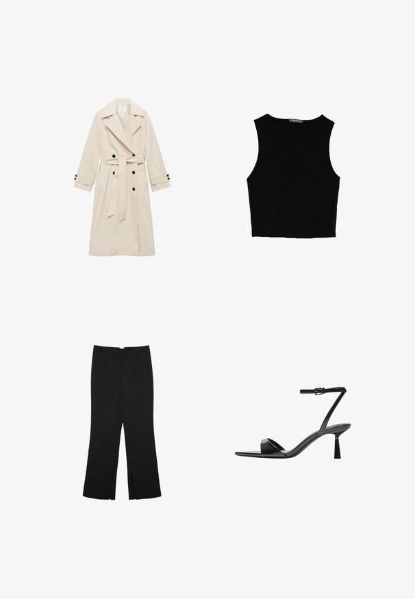 Beige trenchcoat i matt tyg, dubbelknäppt med svarta knappar, breda slag, långa ärmar, knytbälte och sidofickor.; Svart ärmlös crop top i mjukt tyg, med rund hals och en ren, enkel design utan mönster eller detaljer.; Svarta byxor med rak passform, utrustade med framfickor och sidoklyvningar vid fållen. Tillverkade av mjukt, slätt tyg. Lämpliga för olika tillfällen.; Bershka Sandaletter - black