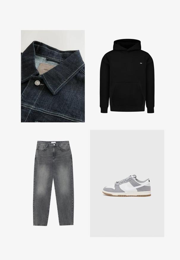 Jeansjacka i en mörkblå färg, med spetsig krage, silverfärgad metallknapp och kontrasterande sömmar på frampanelen. Strukturerad tyg.; Svart luvtröja i bomullsblandning med framficka, ribbad nederkant och ärmslut samt en liten logga på bröstet.; Högmidjade, löst sittande jeans i blekt svart denim. Inkluderar fem fickor, bälteshällor och en ren, rak ben-design.; Grå och vit sneakers med överdel i mocka och läder, rund tå, platta snören och en gummisula med ett accent i gummi.